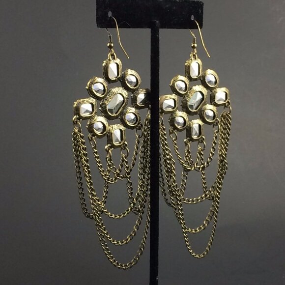 Long Blue Rhinestone Chain Swag Drop Costume Earrings Faceted 5" Runway - Picture 9 of 10
